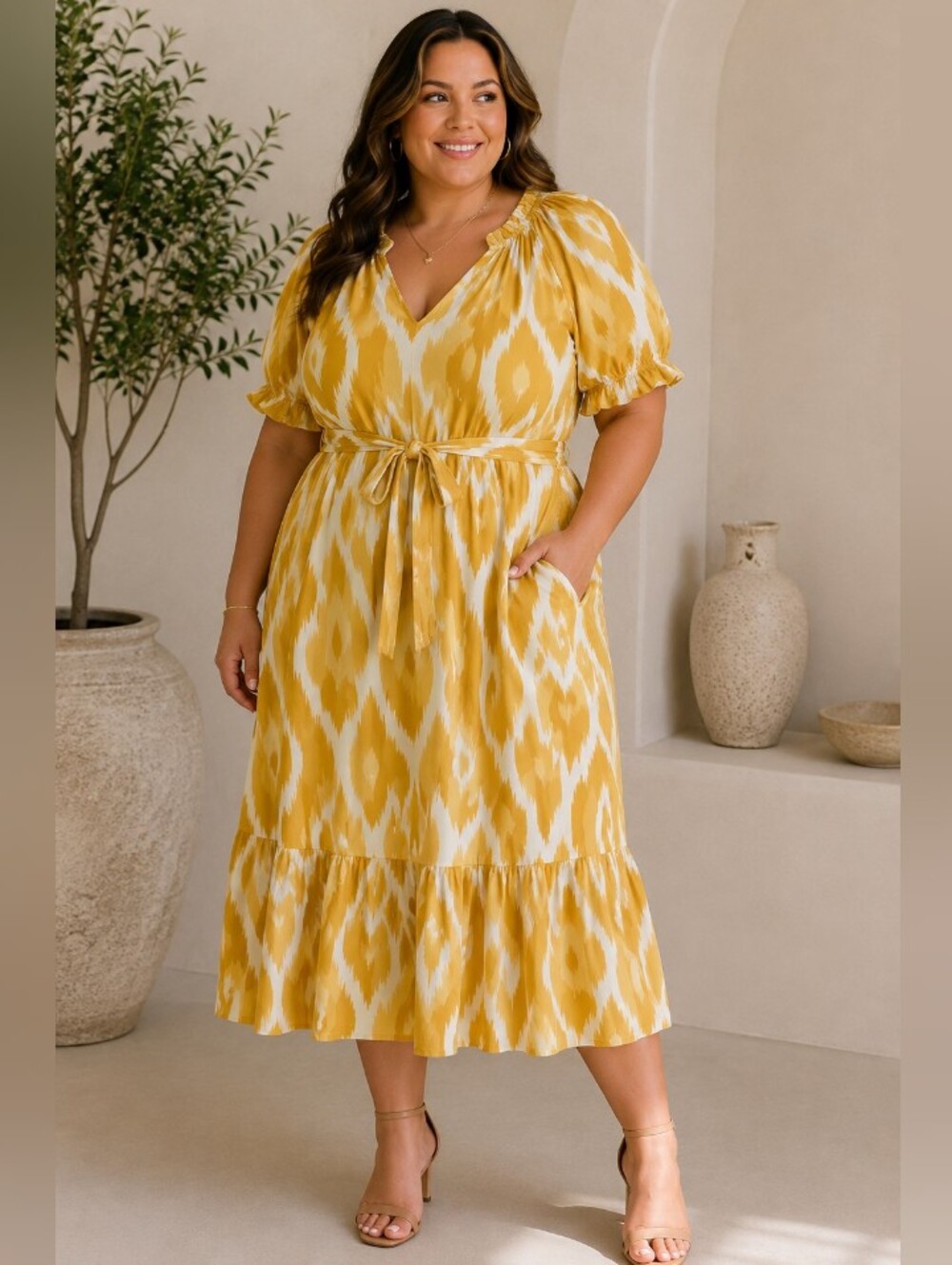Cassee’s Women’s 2X Mustard Yellow White Ikat Print Midi Dress Tie Waist NWT